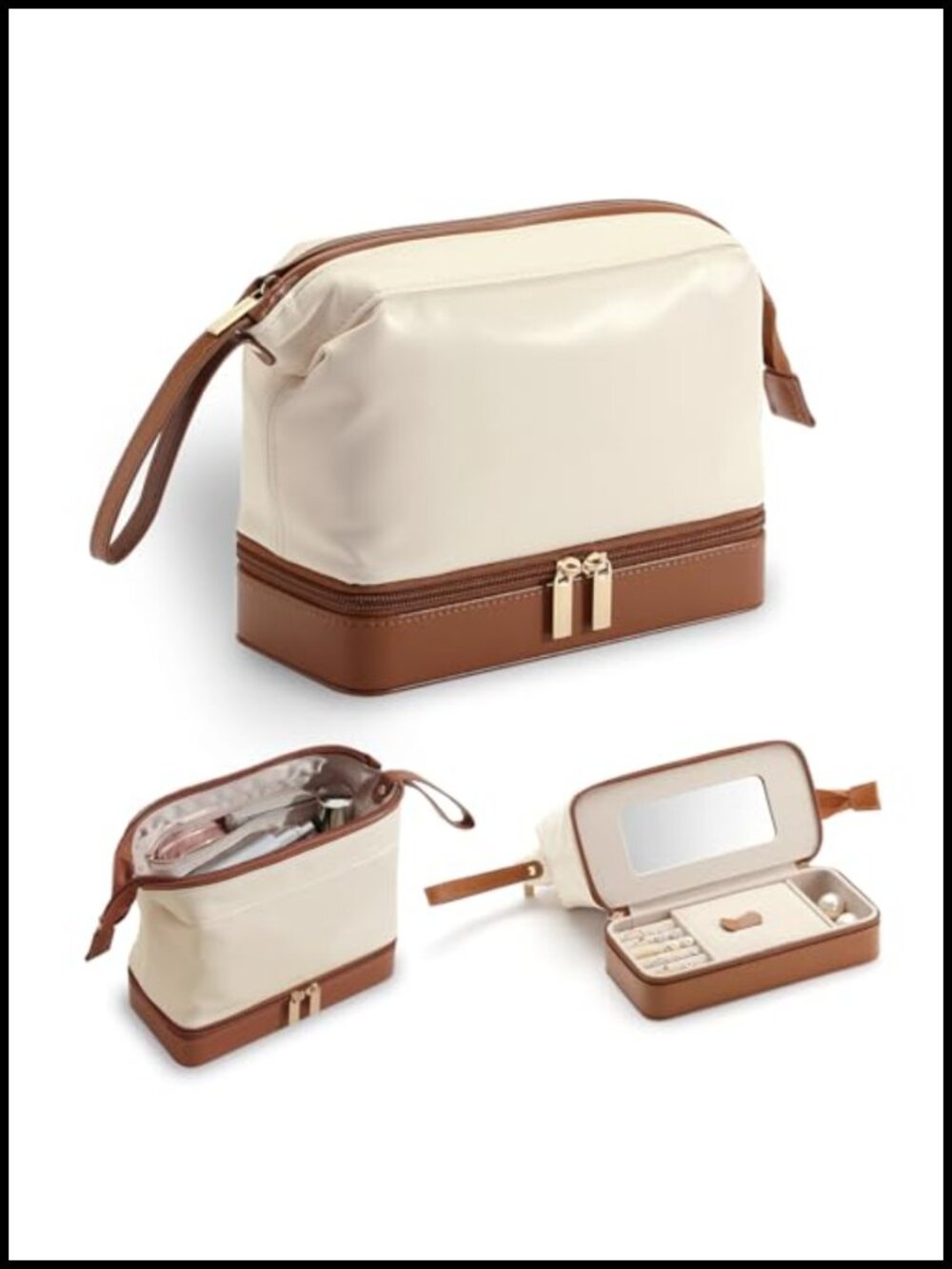 2-in-1 Jewelry Box and Makeup Bag with Mirror, Waterproof PU Leather Travel